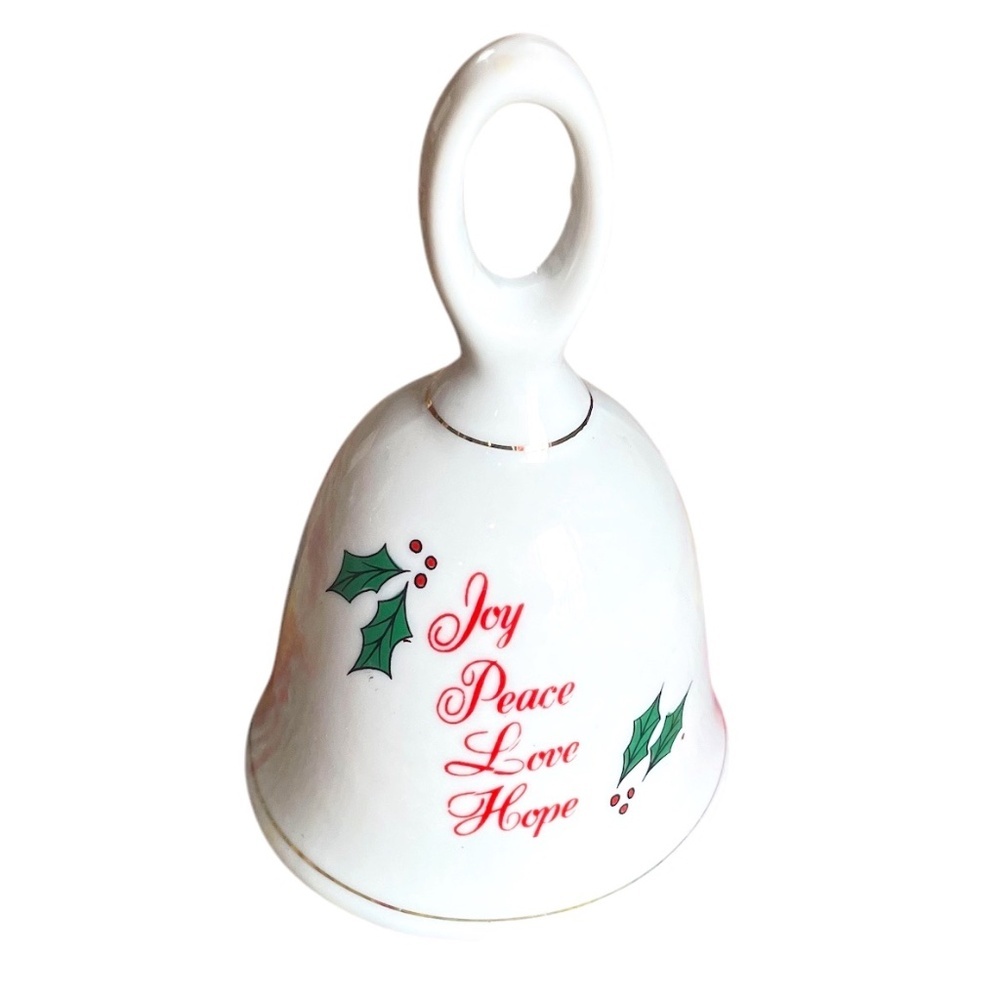 Vintage Enesco Christmas Bell Mistletoe Joy Peace Love Hope, White w/Gold Trim